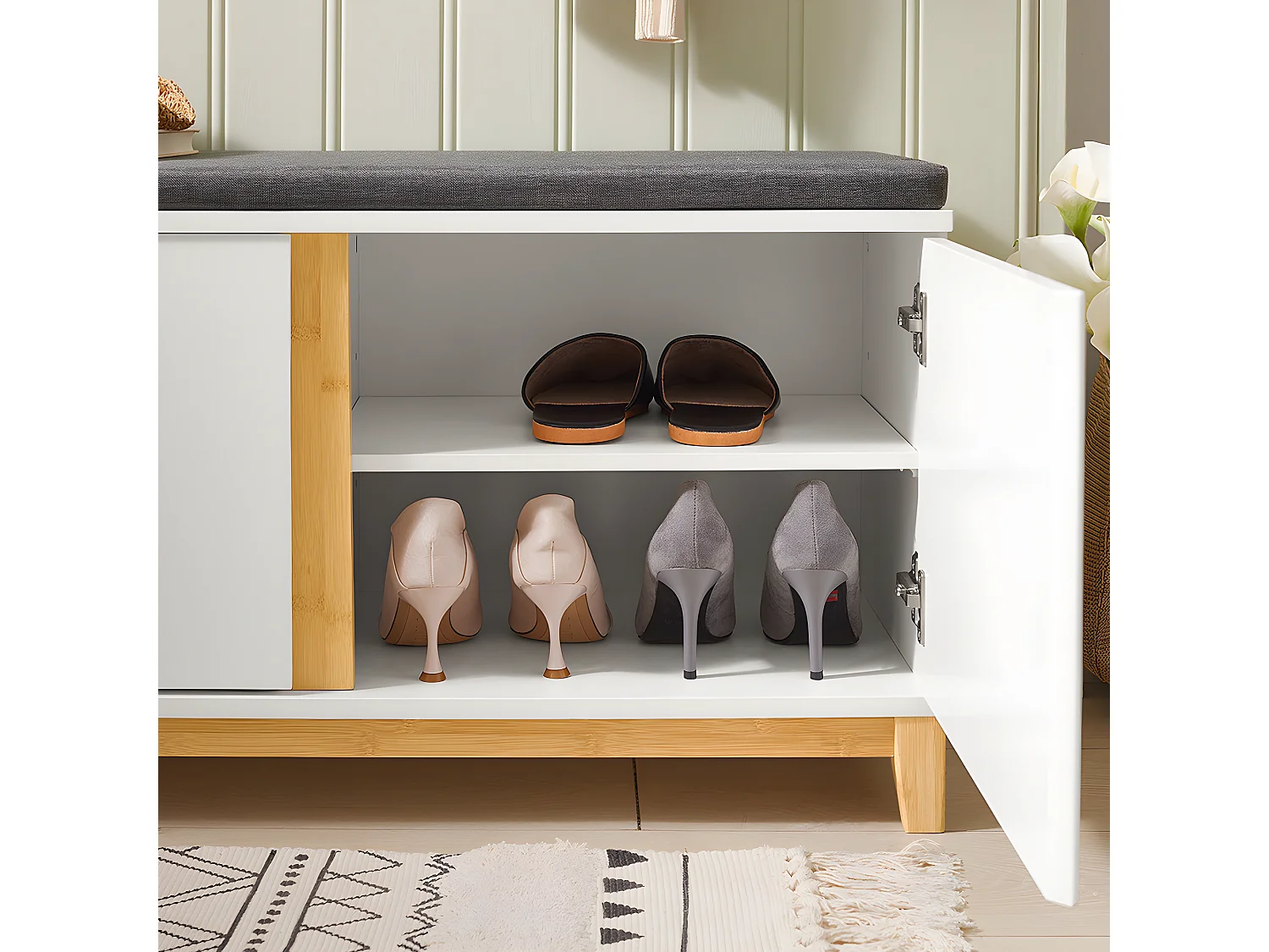 Banc À Chaussures Banc De Rangement Meuble À Chaussures D'entrée Avec Siège Rembourré, FSR117-W