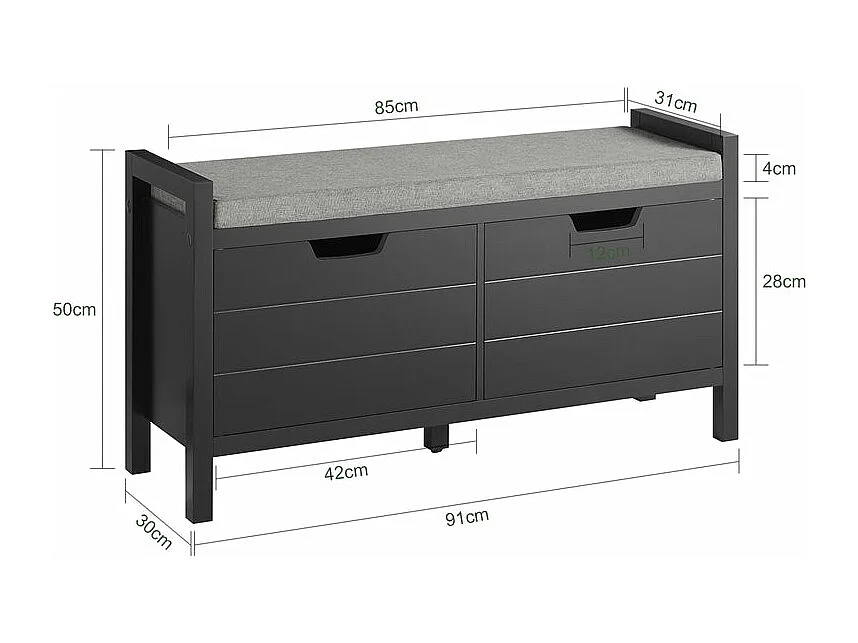 SoBuy FSR63-Sch Schoenenbank Schoenenkast Schoenenrek Garderobebank Opbergruimte met zitkussen - 2 Deuren - Zwart
