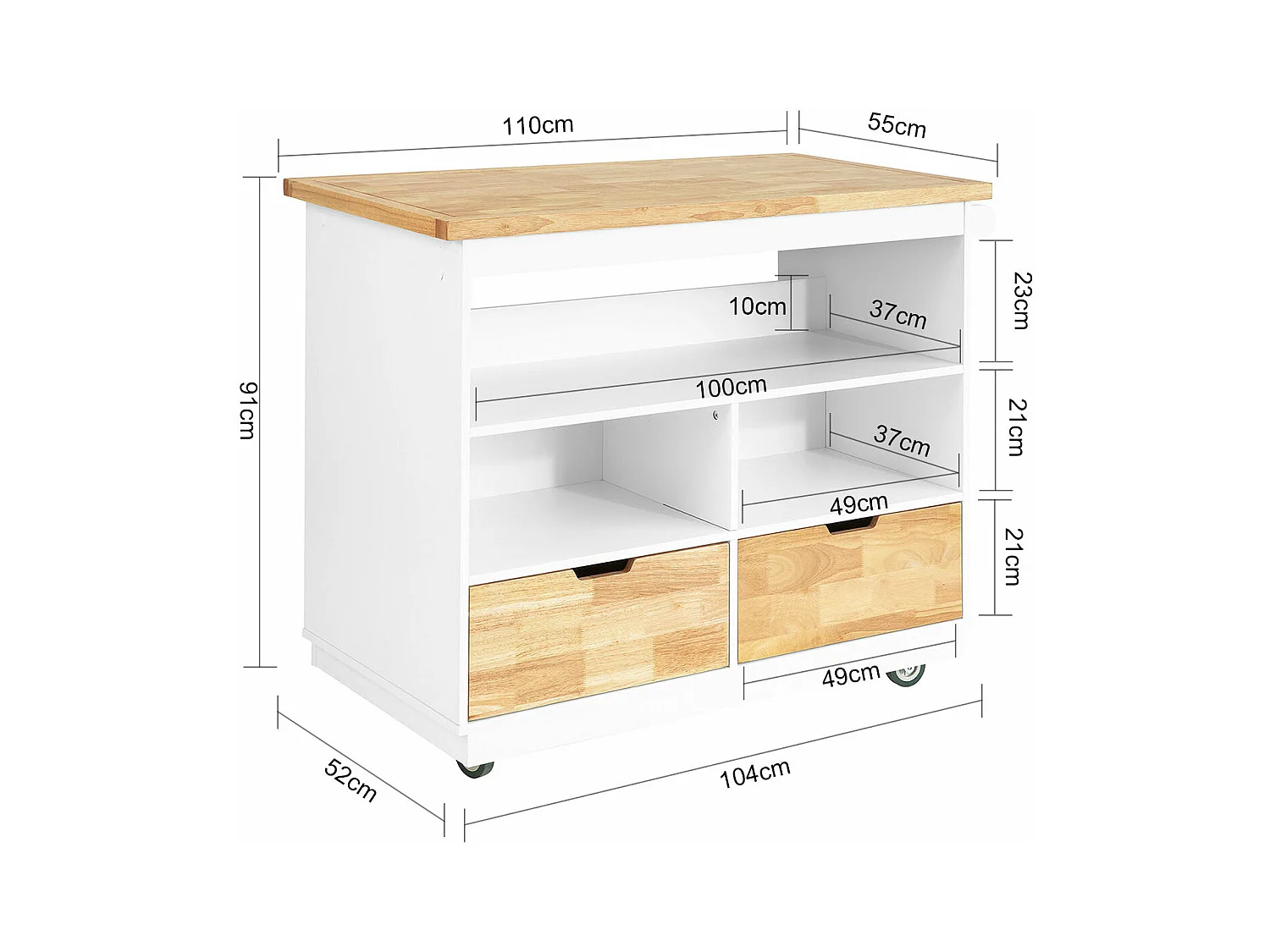 SoBuy Rolling Trolley Kitchen Cart Opbergkast op Wielen Multifunctionele Buffet Serveerwagen met Kruidenrek en twee lades, 110x55x91 cm, FKW107-WN
