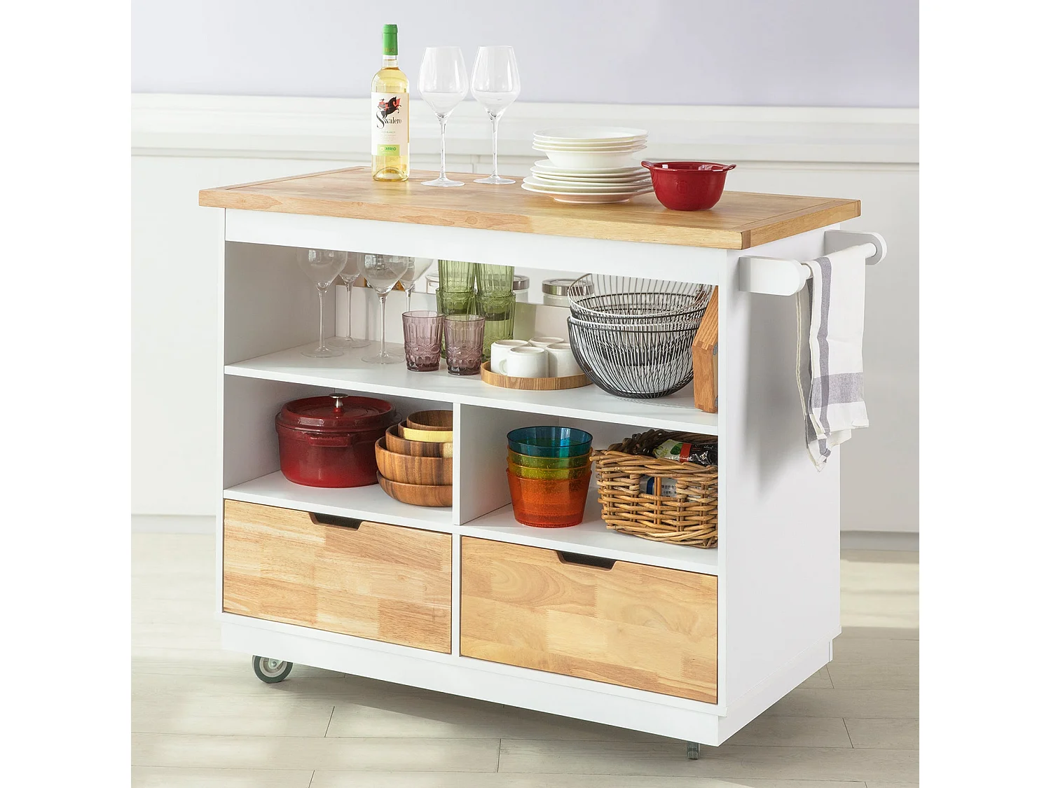 Carro de Cocina Carrito de Servir Multiusos Estantería con Especiero y Dos cajones 110 x 55 x 91 cm FKW107-WN SoBuy ES
