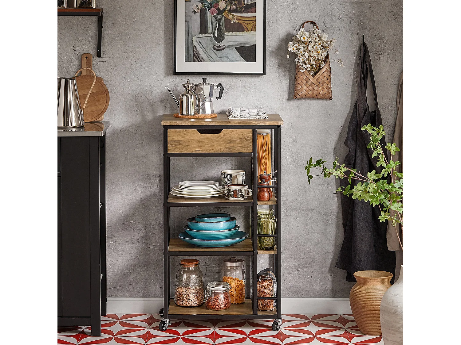 SoBuy Carrello da portata con 6 ripiani e 1 cassetto Carrello laterale Carrellino da cucina con ruote FKW99-N