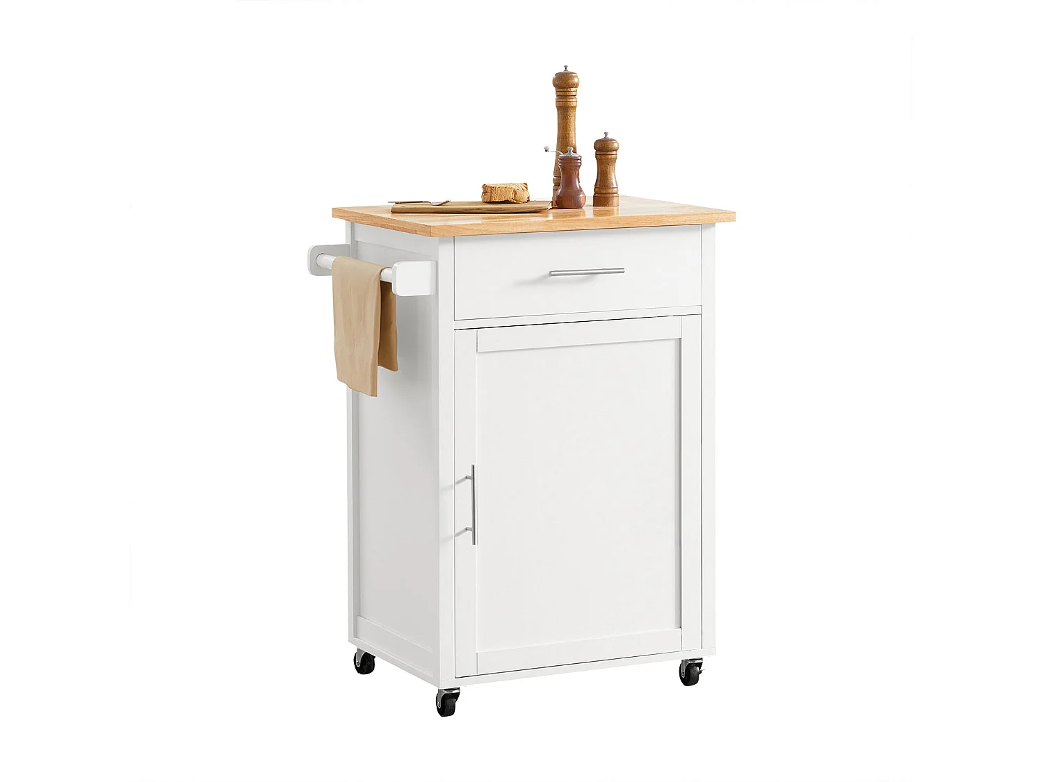 SoBuy FKW102-WN Keukenwagen met werkblad, wagen met deur en lade, naturel wit