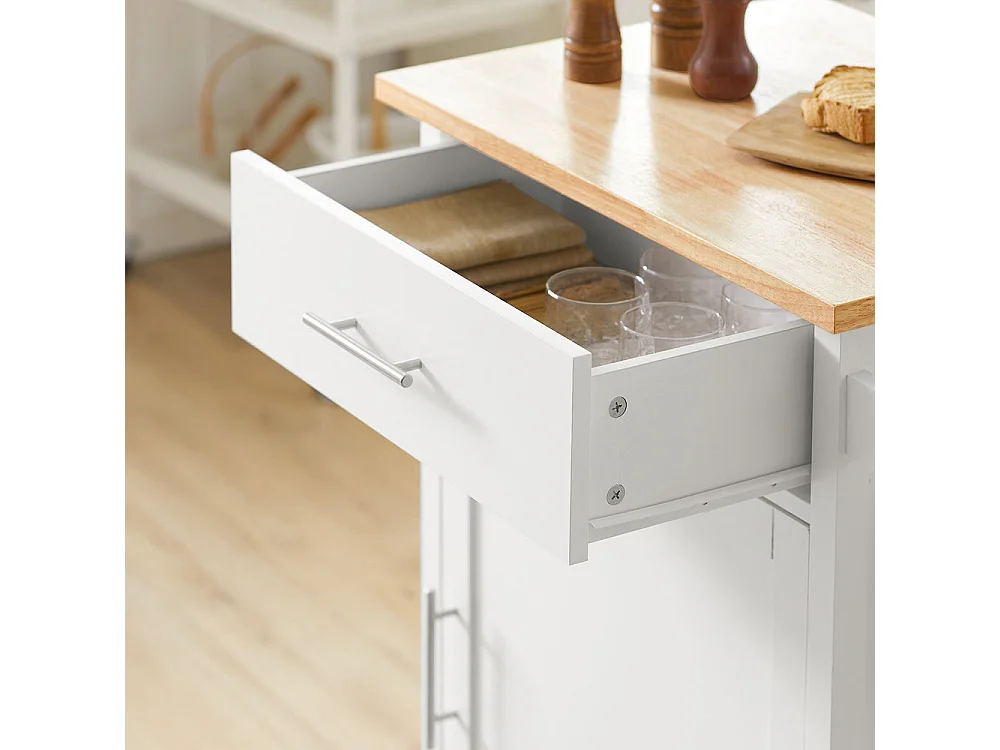 SoBuy FKW102-WN Keukenwagen met werkblad, wagen met deur en lade, naturel wit