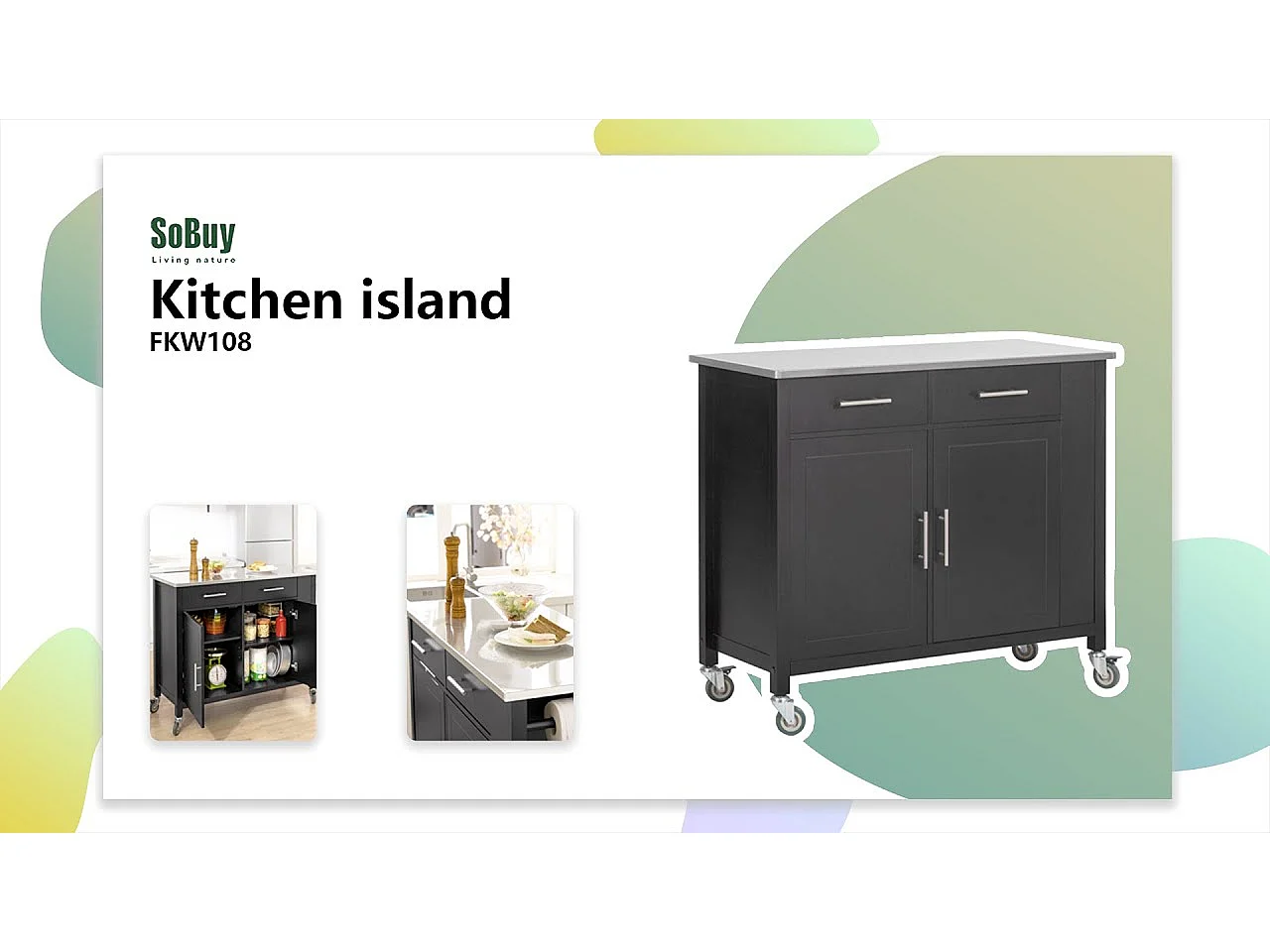 Desserte Roulante Chariot De Cuisine Avec Etagère Latérale, Portes Et Tiroirs, Fkw108-w