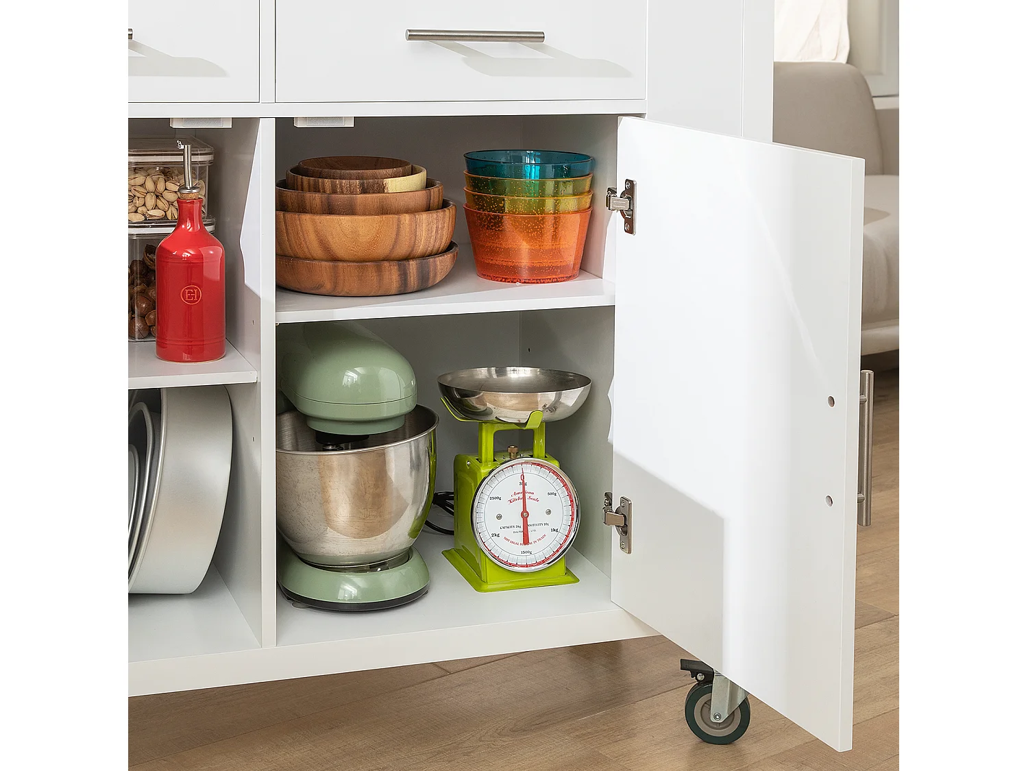 Desserte Roulante Chariot De Cuisine Avec Etagère Latérale, Portes Et Tiroirs, Fkw108-w