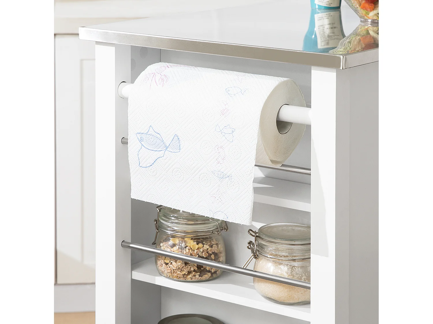 Desserte Roulante Chariot De Cuisine Avec Etagère Latérale, Portes Et Tiroirs, Fkw108-w