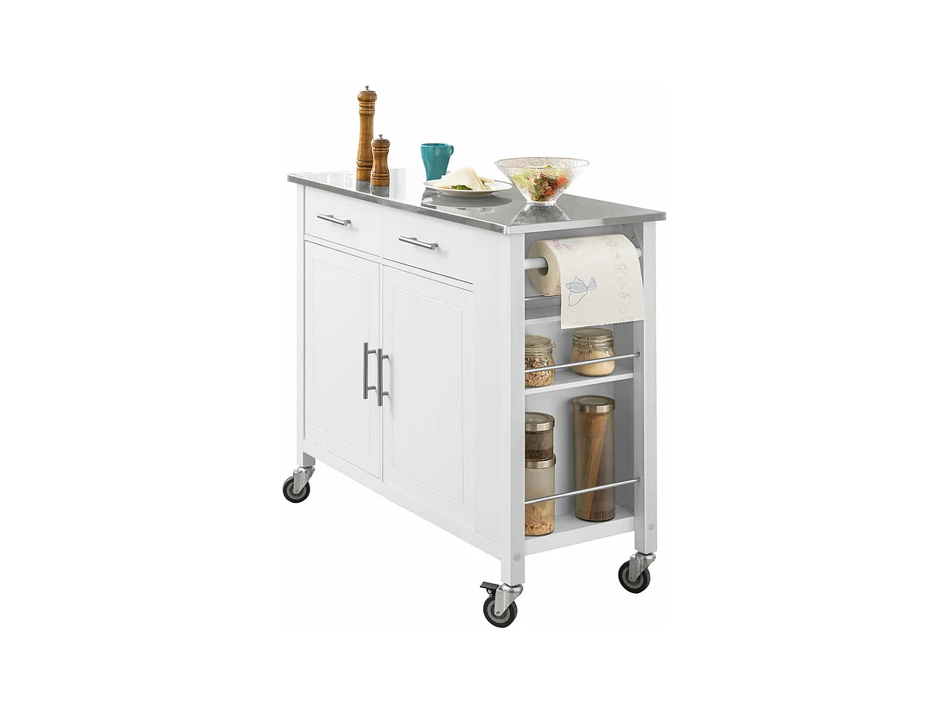 Desserte Roulante Chariot De Cuisine Avec Etagère Latérale, Portes Et Tiroirs, Fkw108-w