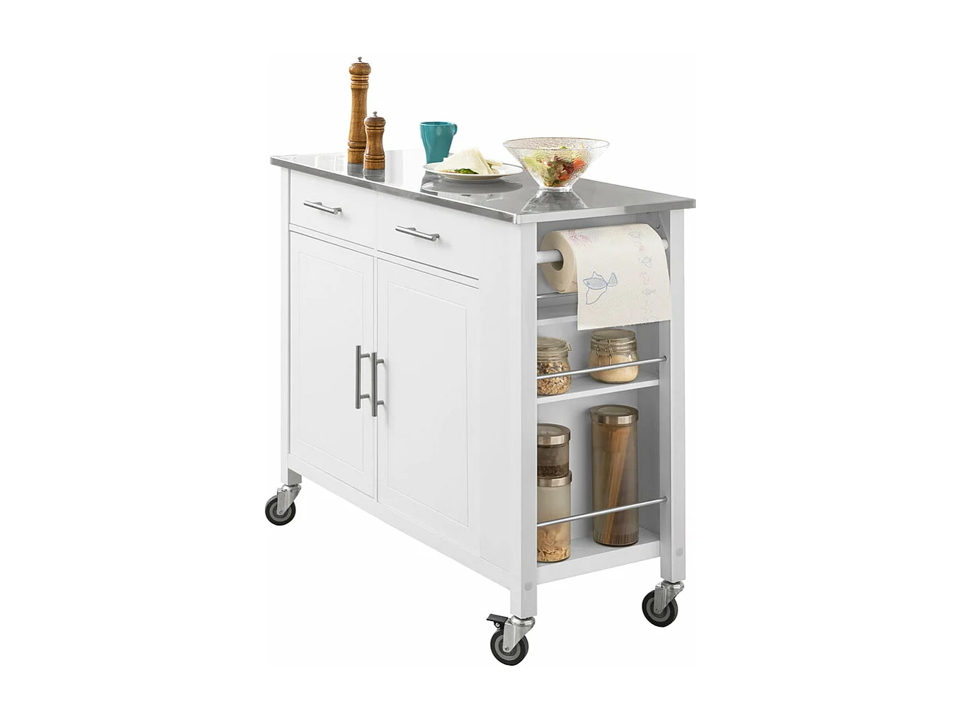 Desserte Roulante Chariot De Cuisine Avec Etagère Latérale, Portes Et Tiroirs, Fkw108-w