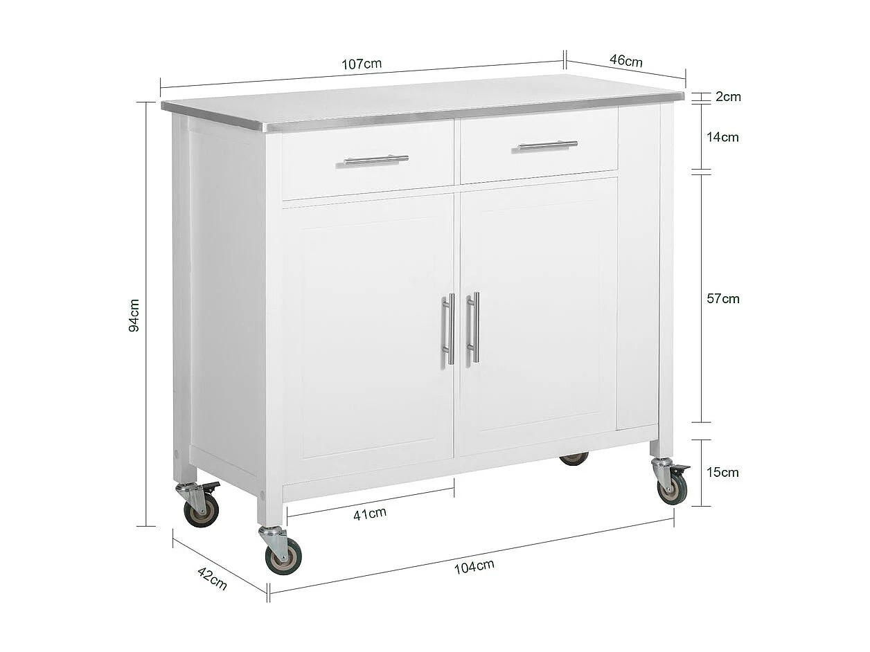 Desserte Roulante Chariot De Cuisine Avec Etagère Latérale, Portes Et Tiroirs, Fkw108-w