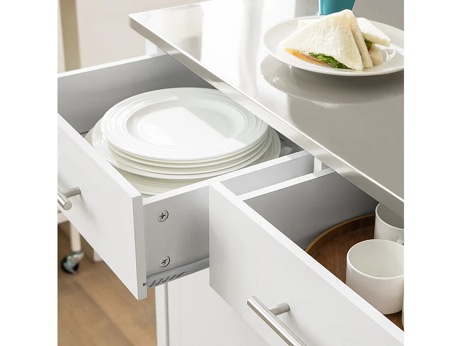 Desserte Roulante Chariot De Cuisine Avec Etagère Latérale, Portes Et Tiroirs, Fkw108-w