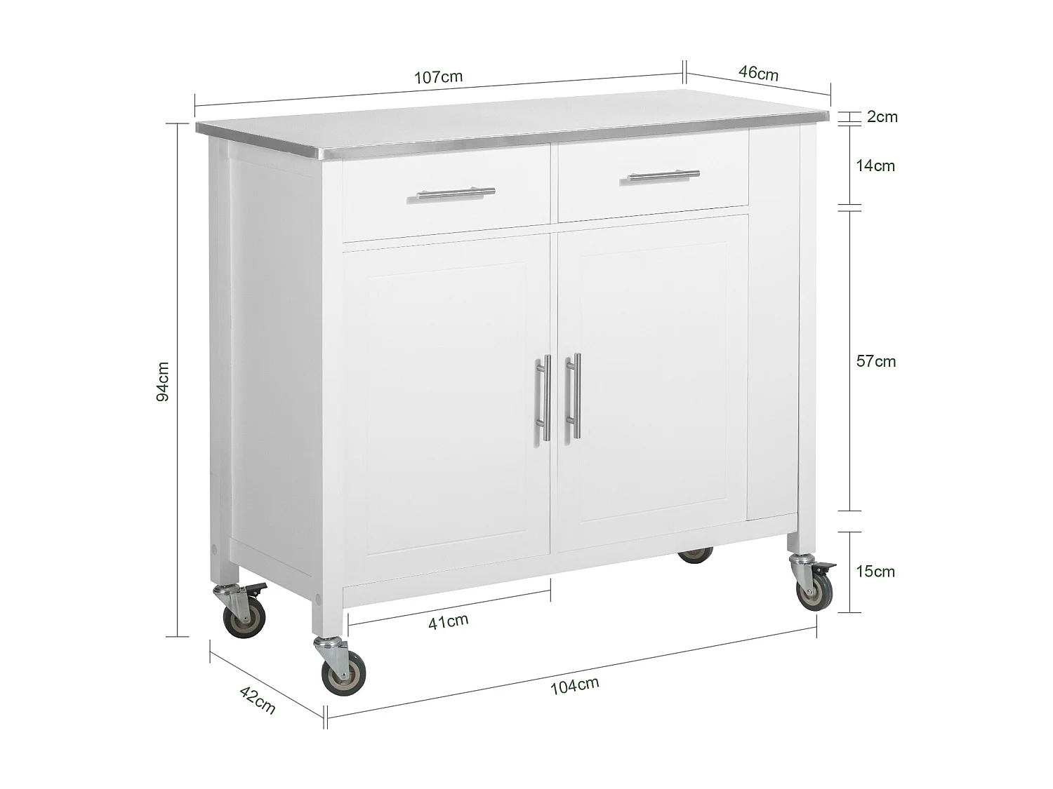 Desserte Roulante Chariot De Cuisine Avec Etagère Latérale, Portes Et Tiroirs, Fkw108-w