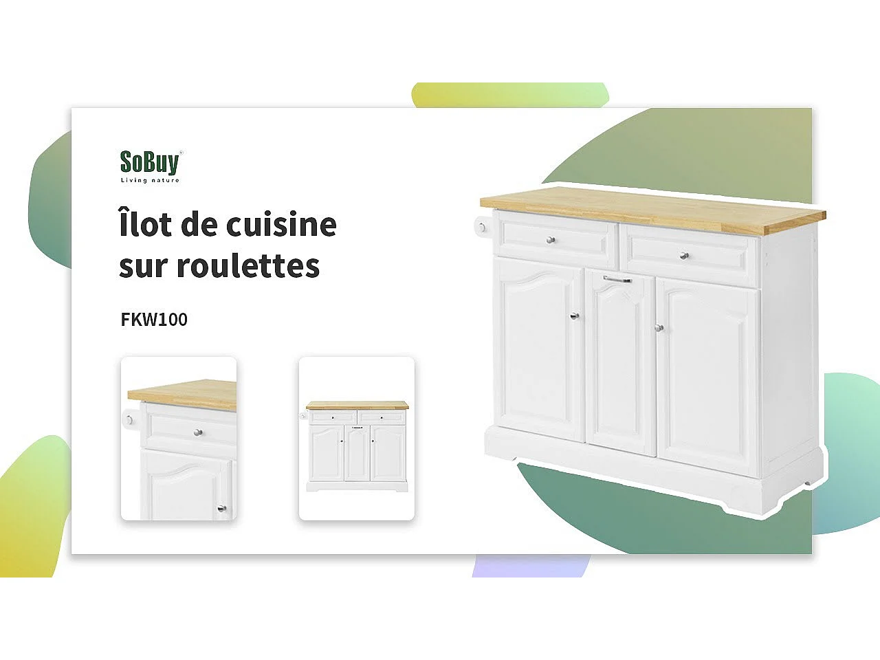 Desserte Roulante Meuble De Rangement À Roulettes En Bois Avec 2 Tiroirs Et 3 Portes, Fkw100-wn