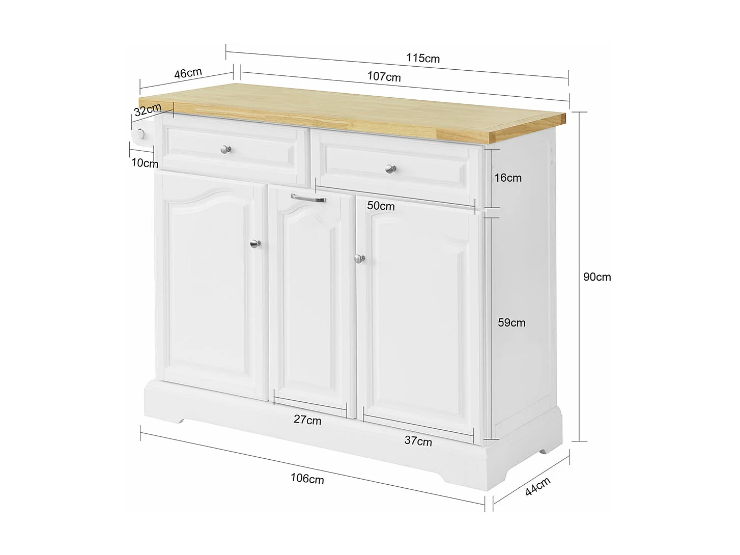 SoBuy Carrello da Cucina con Cassetti Cucina Mobile Credenza con Ruote 115 x46 x90 cm FKW100-WN