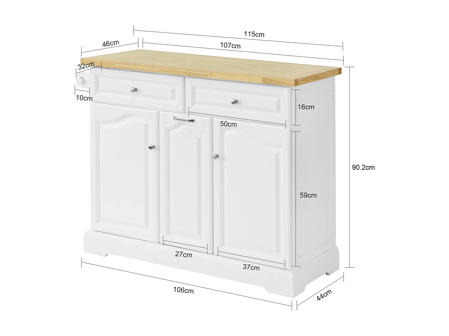 Desserte Roulante Meuble De Rangement À Roulettes En Bois Avec 2 Tiroirs Et 3 Portes, Fkw100-wn