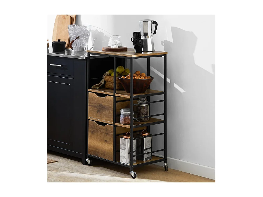 SoBuy FKW111-PF keukentrolley met 3 laden en 3 legplanken serveerwagen bijzetwagen rolwagen theewagen