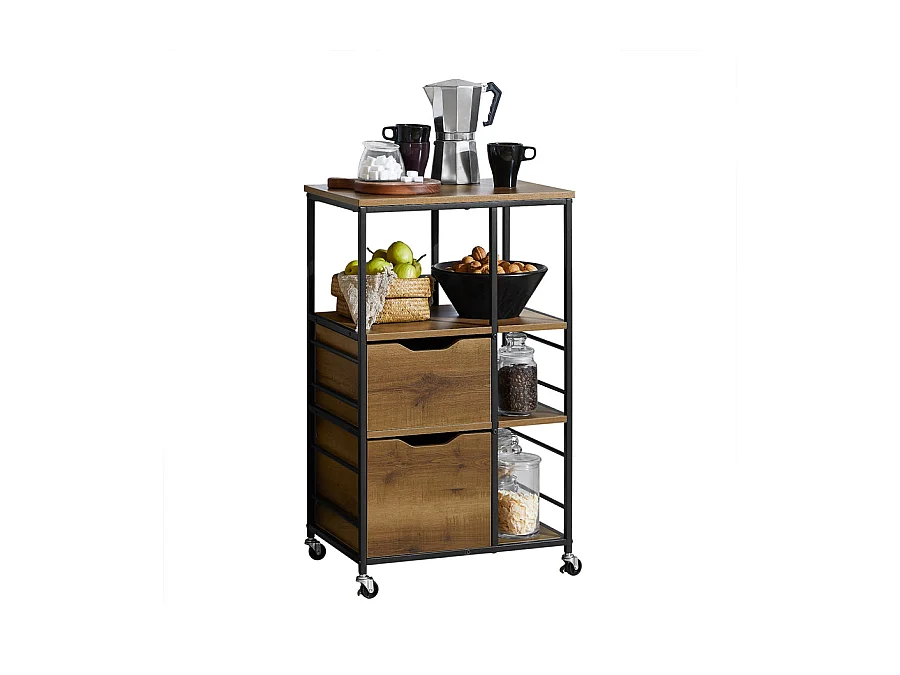 Desserte Roulante Chariot De Cuisine Meuble De Rangement Avec 2 Tiroirs Et 3 Etagères, Fkw111-pf