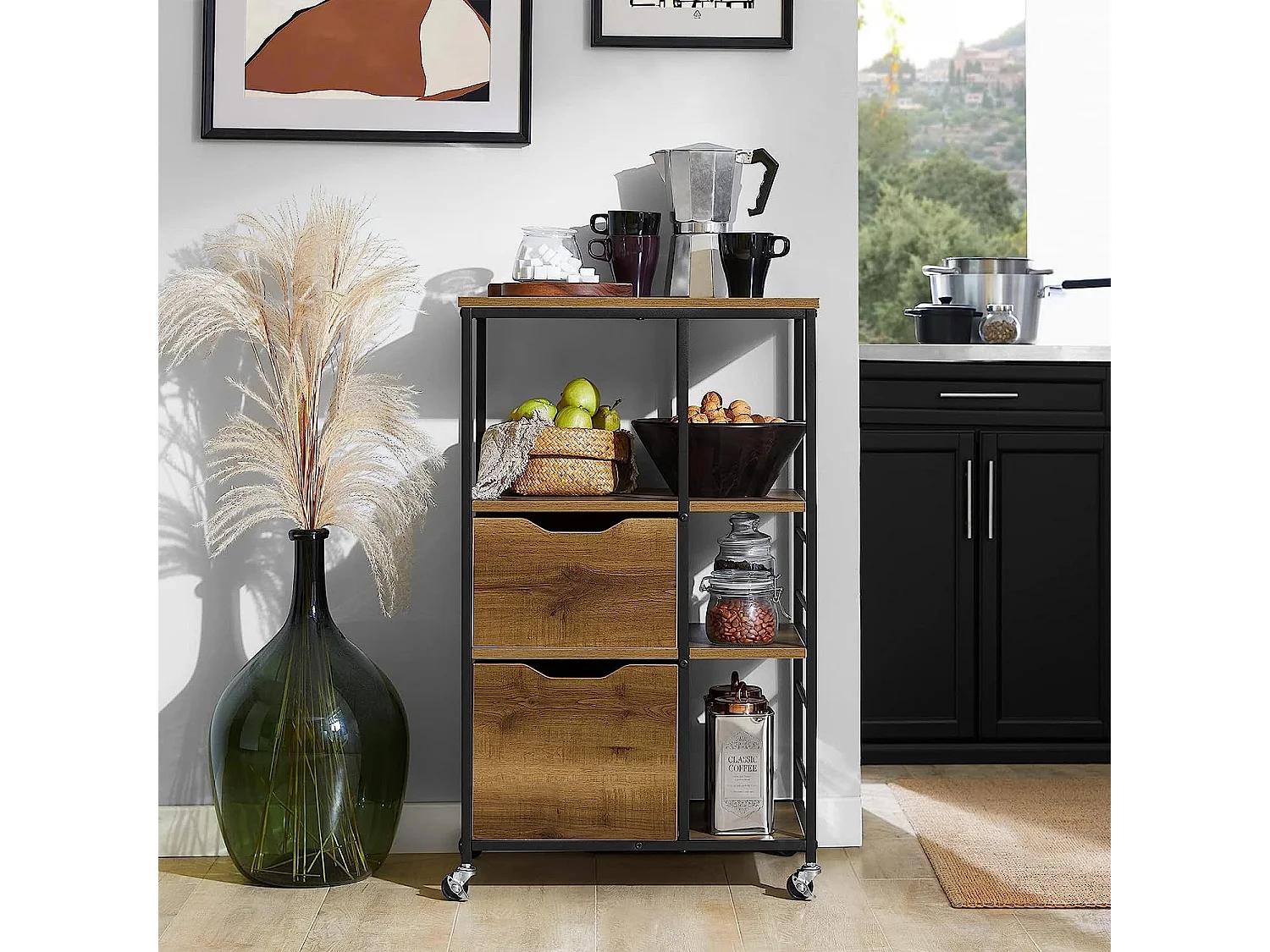 Desserte Roulante Chariot De Cuisine Meuble De Rangement Avec 2 Tiroirs Et 3 Etagères, Fkw111-pf