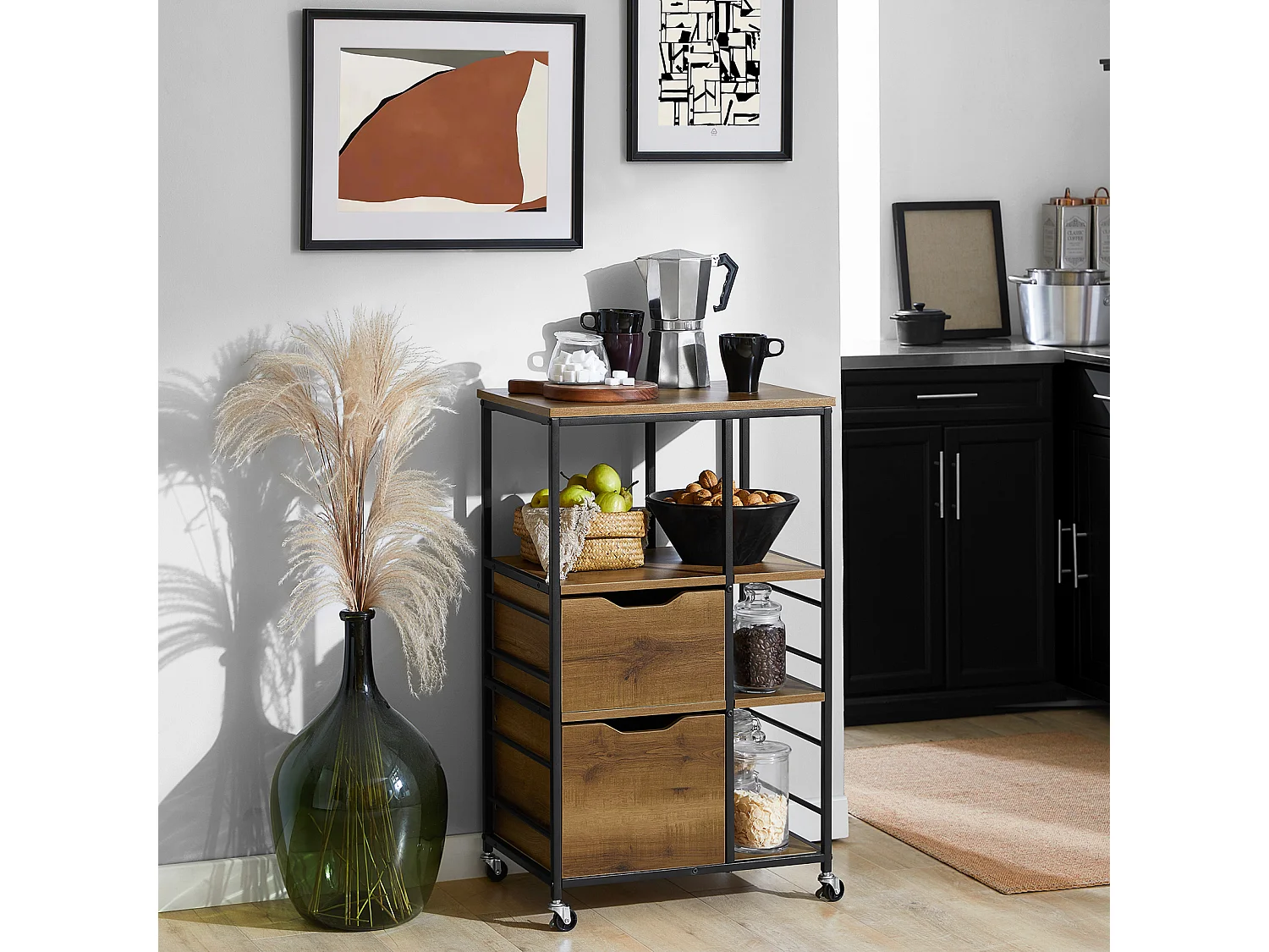 Desserte Roulante Chariot De Cuisine Meuble De Rangement Avec 2 Tiroirs Et 3 Etagères, Fkw111-pf