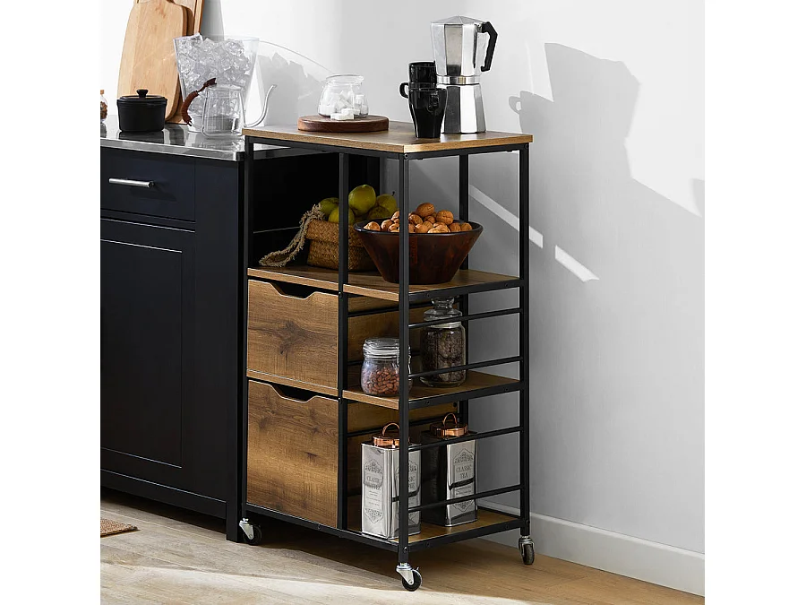 Desserte Roulante Chariot De Cuisine Meuble De Rangement Avec 2 Tiroirs Et 3 Etagères, Fkw111-pf