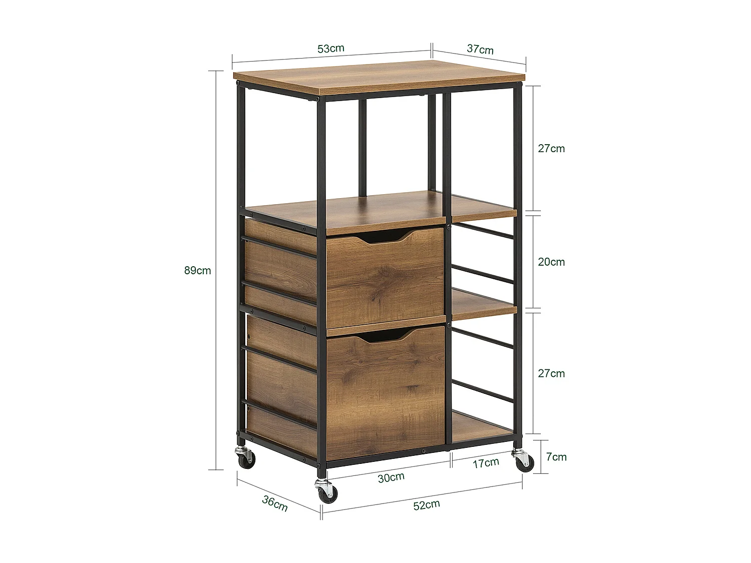 Desserte Roulante Chariot De Cuisine Meuble De Rangement Avec 2 Tiroirs Et 3 Etagères, Fkw111-pf