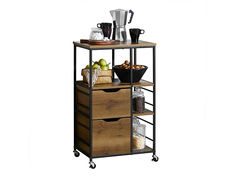 Desserte Roulante Chariot De Cuisine Meuble De Rangement Avec 2 Tiroirs Et 3 Etagères, Fkw111-pf