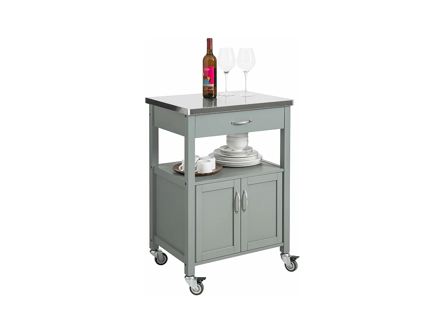 Desserte De Cuisine Roulante, Meuble De Rangement À Roulettes Plateau En Acier Inox, Fkw22-hg