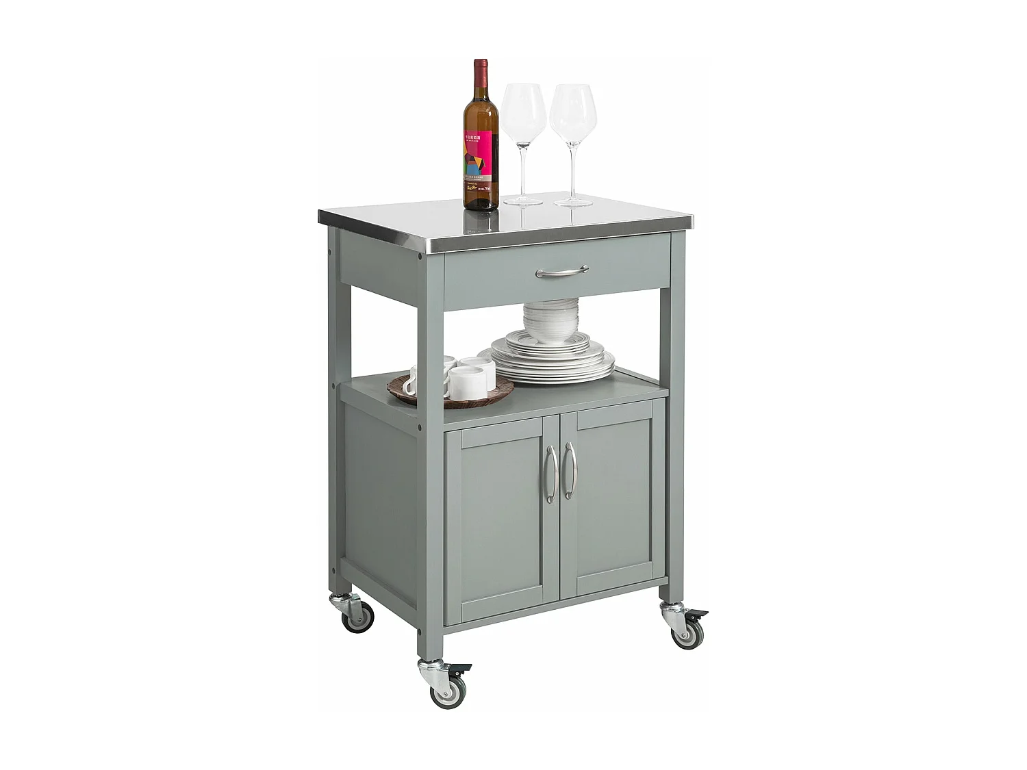 Desserte De Cuisine Roulante, Meuble De Rangement À Roulettes Plateau En Acier Inox, Fkw22-hg