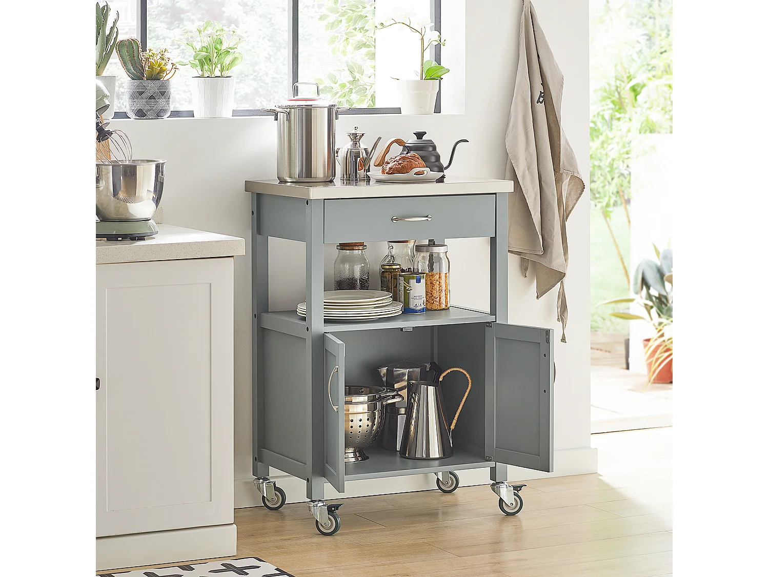 Desserte De Cuisine Roulante, Meuble De Rangement À Roulettes Plateau En Acier Inox, Fkw22-hg