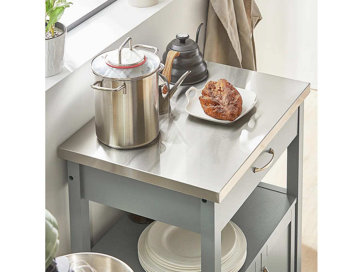 Desserte De Cuisine Roulante, Meuble De Rangement À Roulettes Plateau En Acier Inox, Fkw22-hg