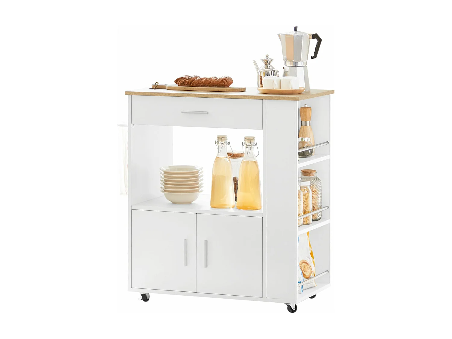 Carrello da cucina legno Mobiletto cucina salvaspazio con cassetto e armadietto 82x46x88 cm Bianco FKW113-WN SoBuy