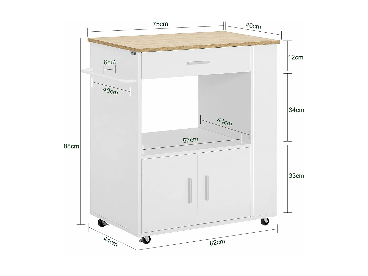 Carrello da cucina legno Mobiletto cucina salvaspazio con cassetto e armadietto 82x46x88 cm Bianco FKW113-WN SoBuy