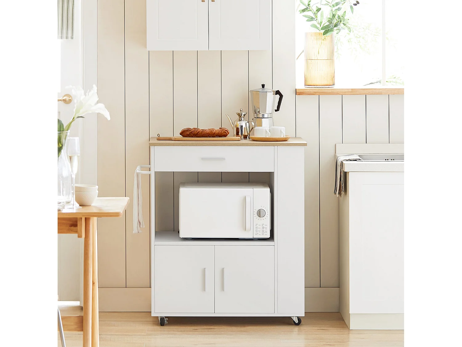 Carrello da cucina legno Mobiletto cucina salvaspazio con cassetto e armadietto 82x46x88 cm Bianco FKW113-WN SoBuy