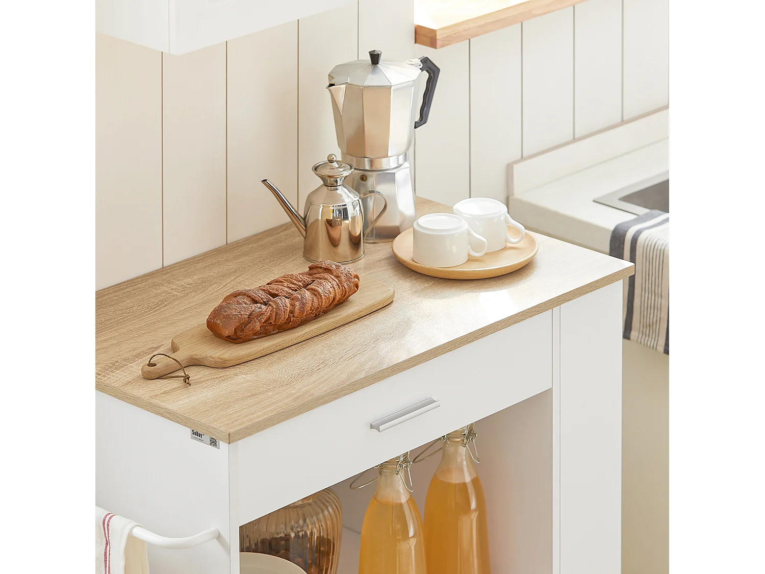 Carrello da cucina legno Mobiletto cucina salvaspazio con cassetto e armadietto 82x46x88 cm Bianco FKW113-WN SoBuy