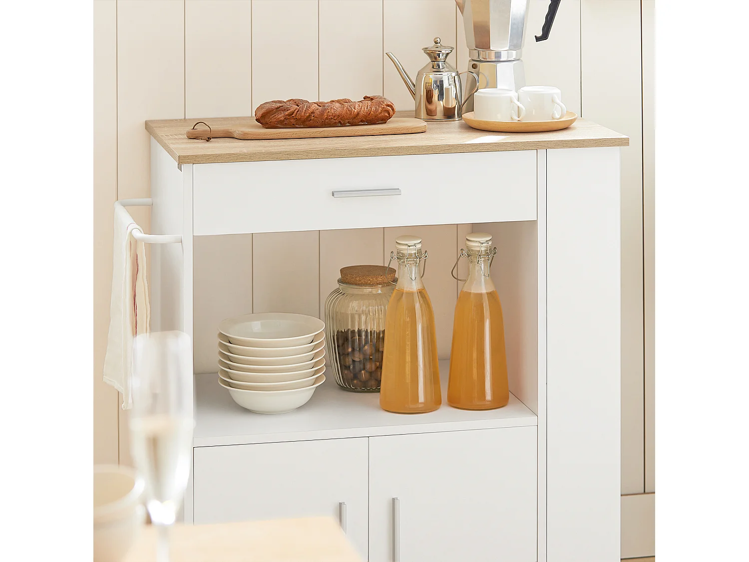 Carrello da cucina legno Mobiletto cucina salvaspazio con cassetto e armadietto 82x46x88 cm Bianco FKW113-WN SoBuy