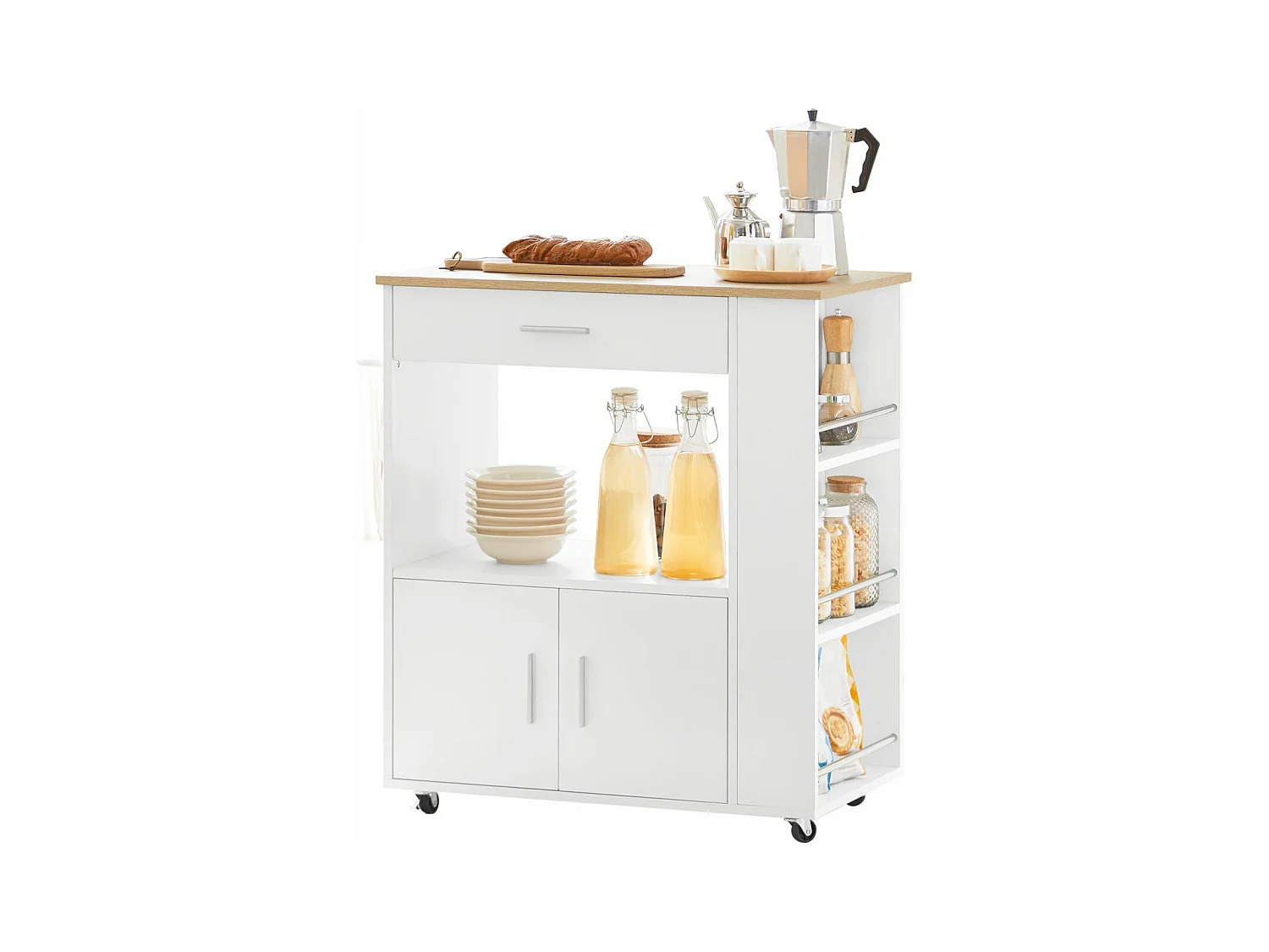 Desserte Roulante Chariot De Cuisine À Roulettes Buffet Multifonctionnel Blanc, Fkw113-wn