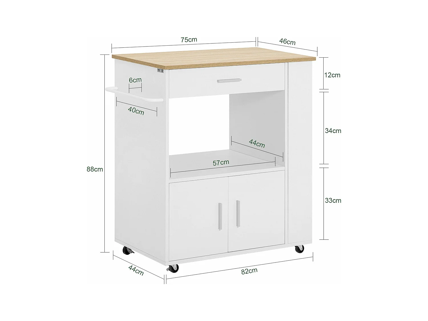 SoBuy FKW113-WN Keukenwagen met wieltjes, multifunctioneel, met zijrek, deuren, laden, handdoekhouder