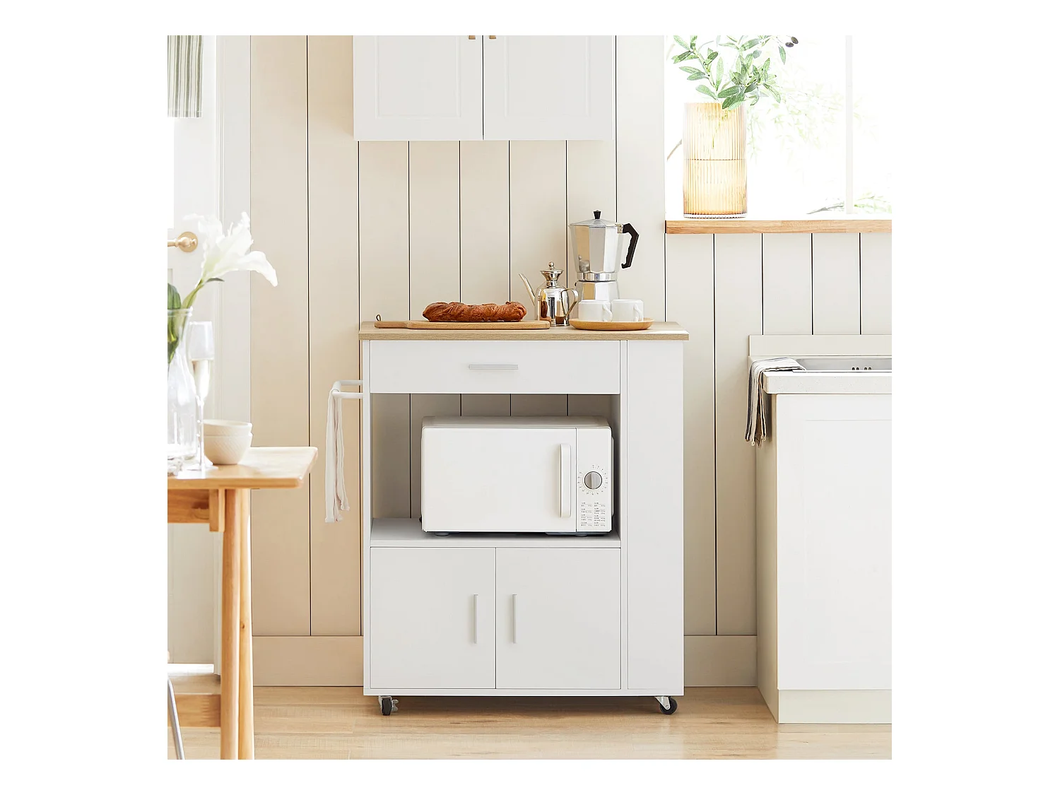 SoBuy FKW113-WN Keukenwagen met wieltjes, multifunctioneel, met zijrek, deuren, laden, handdoekhouder