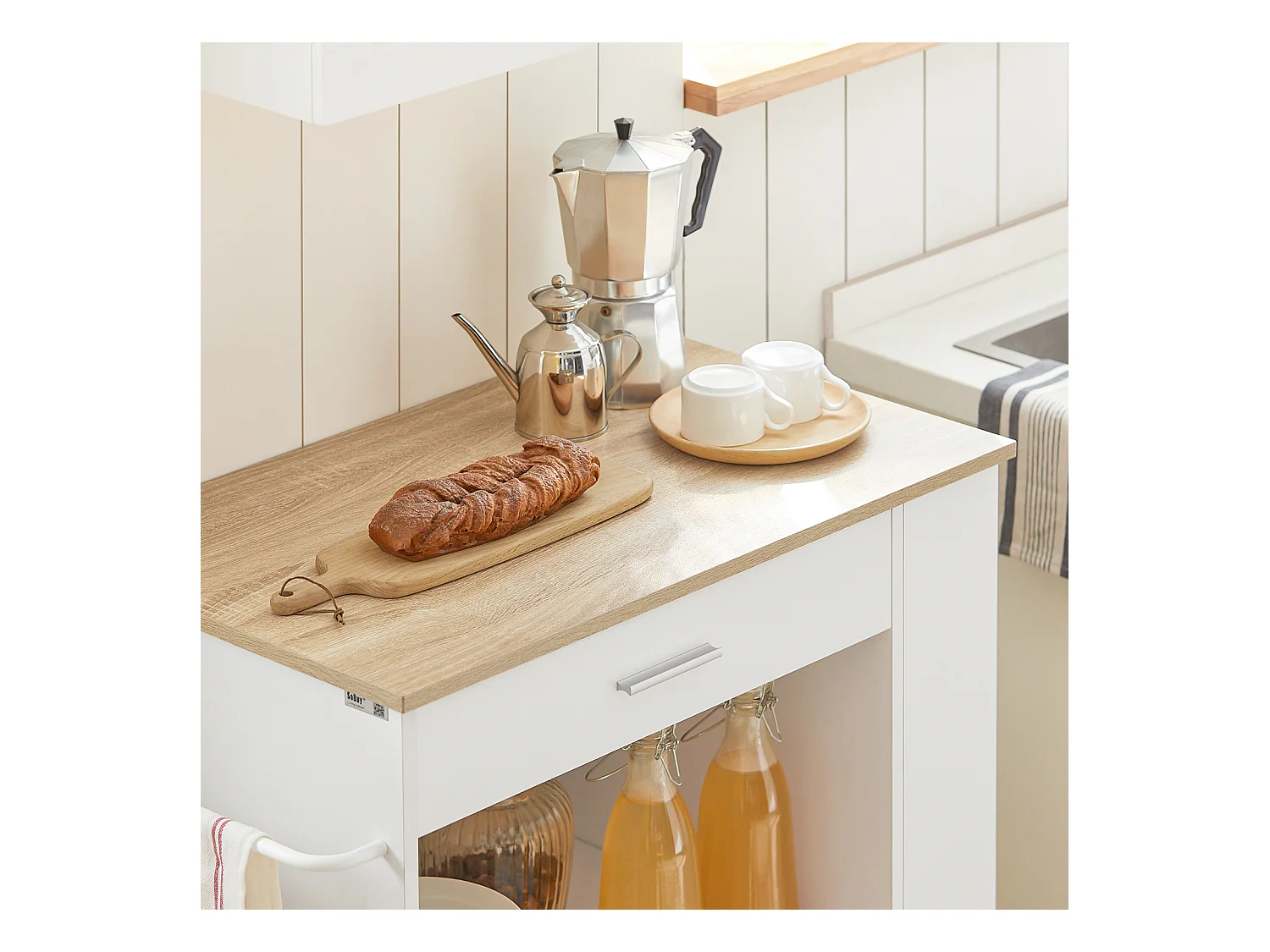 SoBuy FKW113-WN Keukenwagen met wieltjes, multifunctioneel, met zijrek, deuren, laden, handdoekhouder