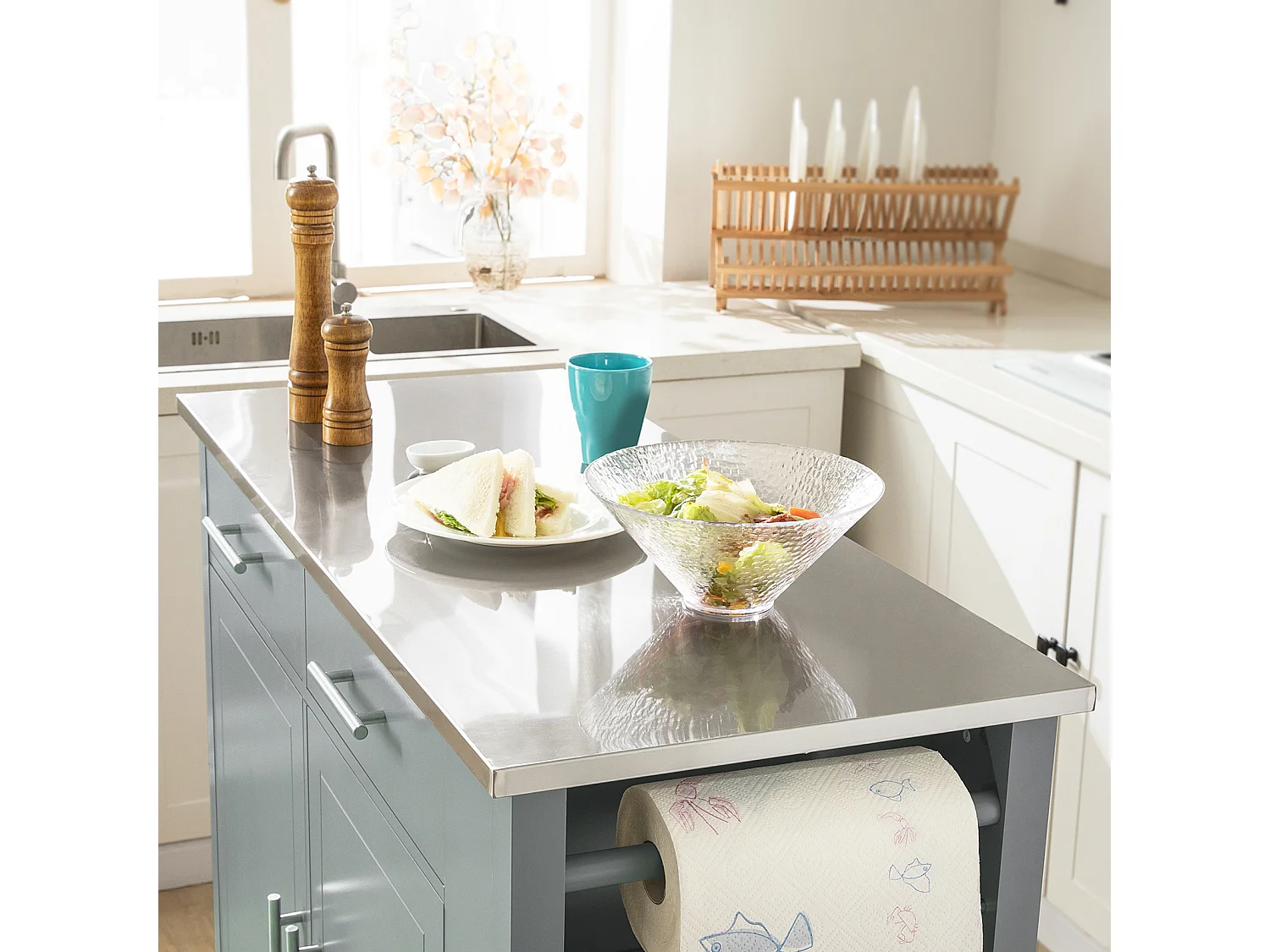 Desserte Roulante Chariot À Roulettes Avec Etagère Latérale, Plateau En Acier Inox, Fkw108-hg