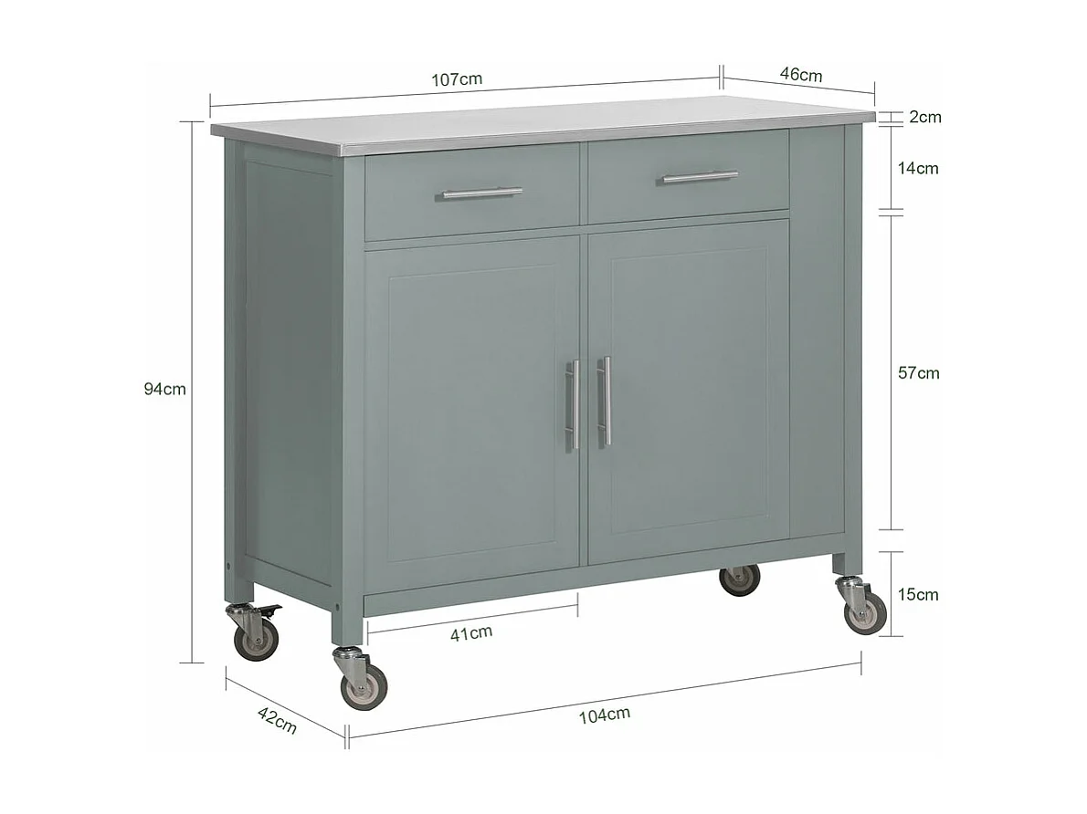 SoBuy FKW108-HG Rolling Trolley Keuken Trolley Opbergkast op Wielen Multifunctioneel Buffet met Zijplank, Deuren en Lades RVS Lade, 107x46x94 cm