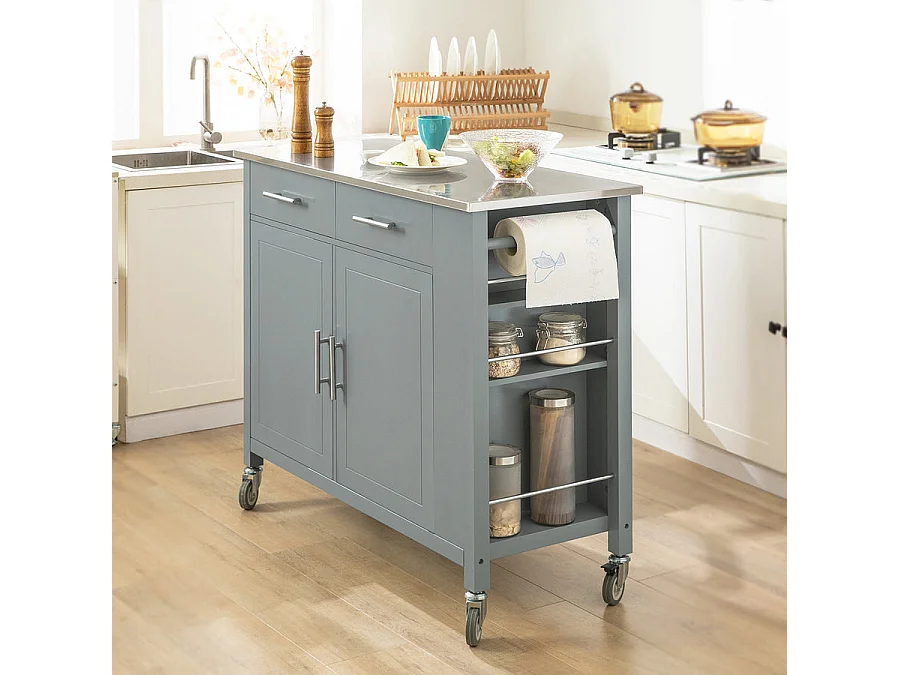 SoBuy FKW108-HG Rolling Trolley Keuken Trolley Opbergkast op Wielen Multifunctioneel Buffet met Zijplank, Deuren en Lades RVS Lade, 107x46x94 cm
