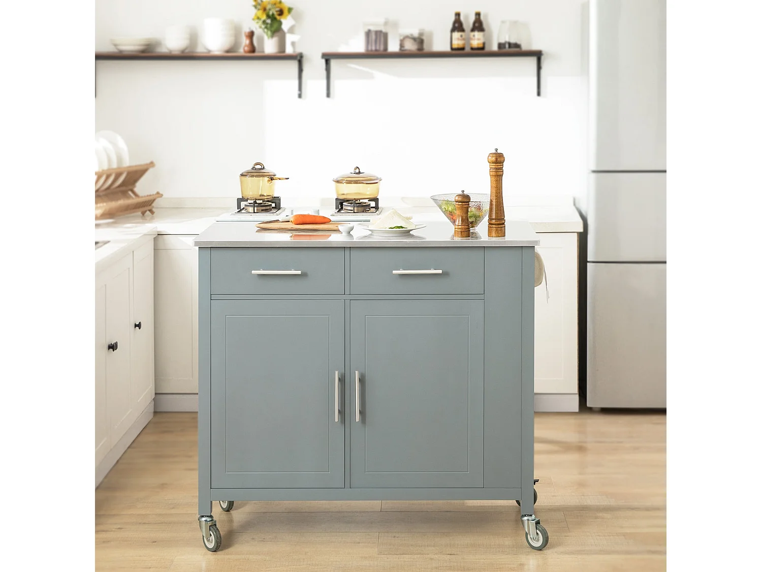 SoBuy FKW108-HG Rolling Trolley Keuken Trolley Opbergkast op Wielen Multifunctioneel Buffet met Zijplank, Deuren en Lades RVS Lade, 107x46x94 cm