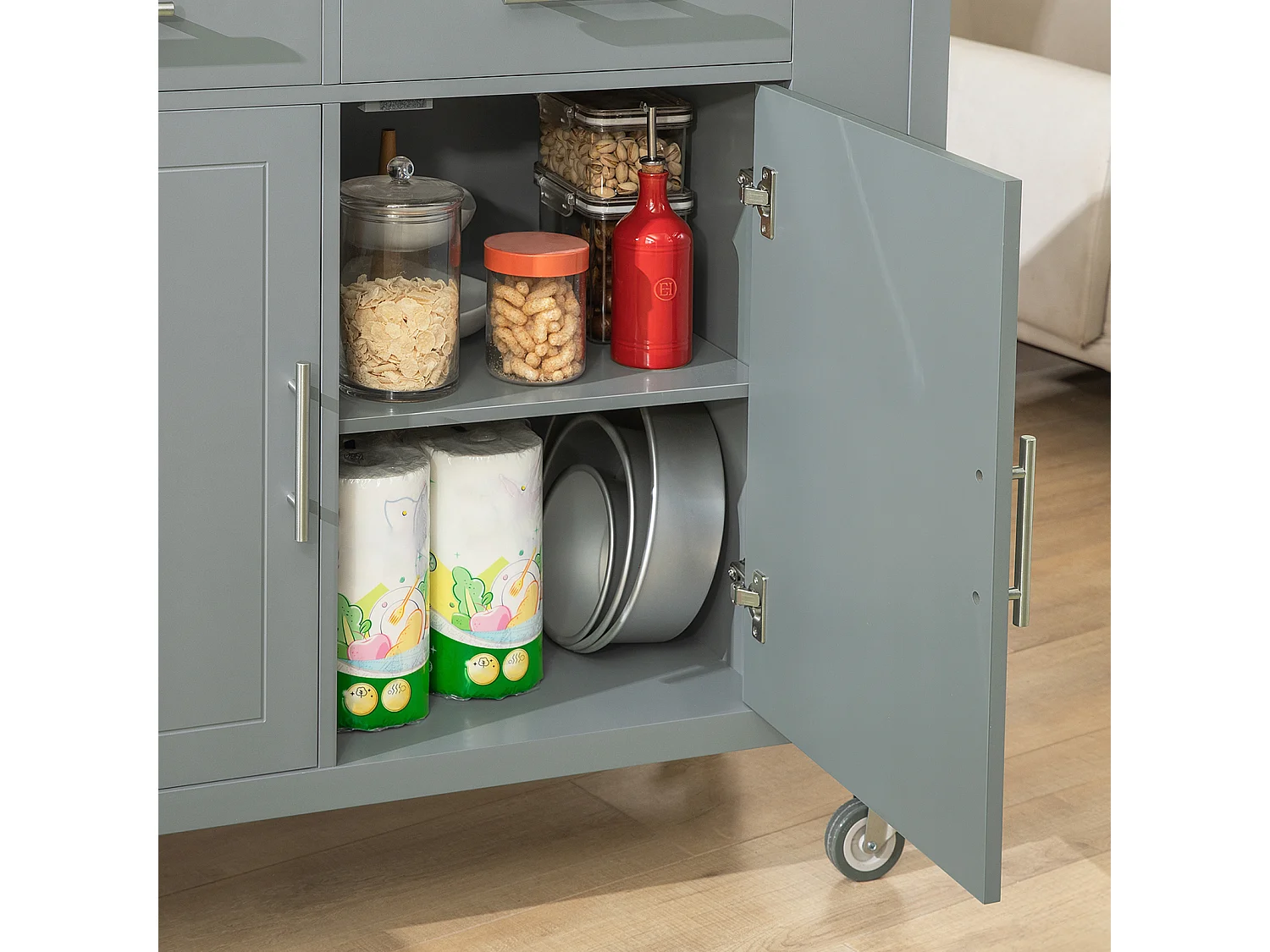 SoBuy FKW108-HG Rolling Trolley Keuken Trolley Opbergkast op Wielen Multifunctioneel Buffet met Zijplank, Deuren en Lades RVS Lade, 107x46x94 cm