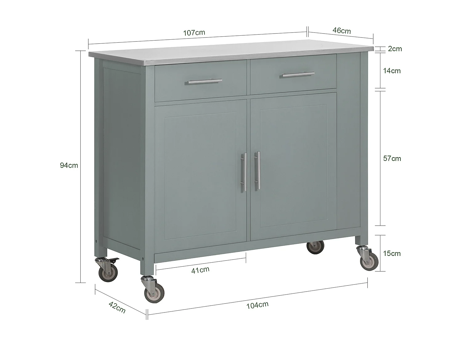 SoBuy FKW108-HG Rolling Trolley Keuken Trolley Opbergkast op Wielen Multifunctioneel Buffet met Zijplank, Deuren en Lades RVS Lade, 107x46x94 cm