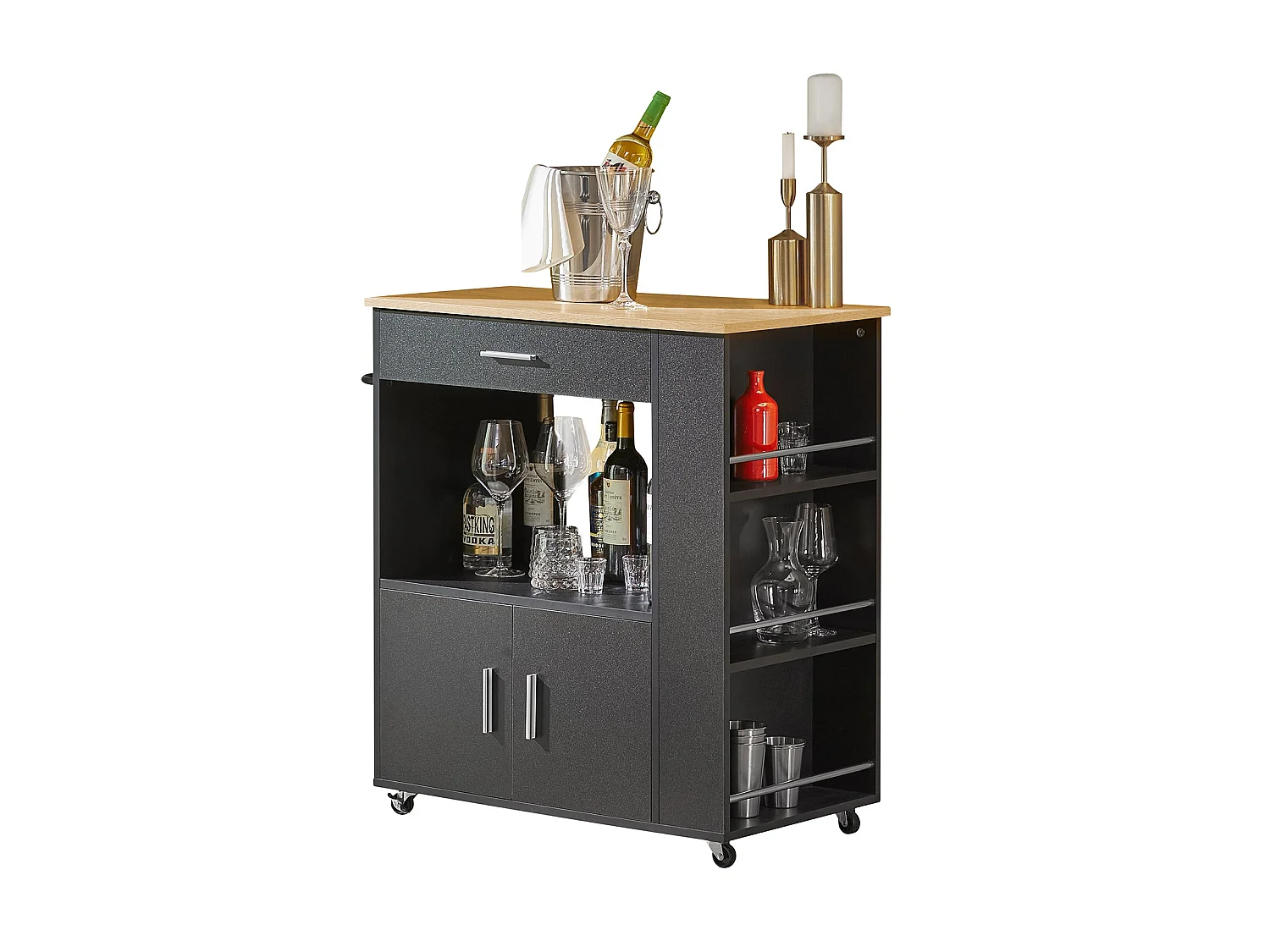 Desserte Roulante Chariot De Cuisine À Roulettes Buffet Avec Etagère Latérale, Fkw113-sch