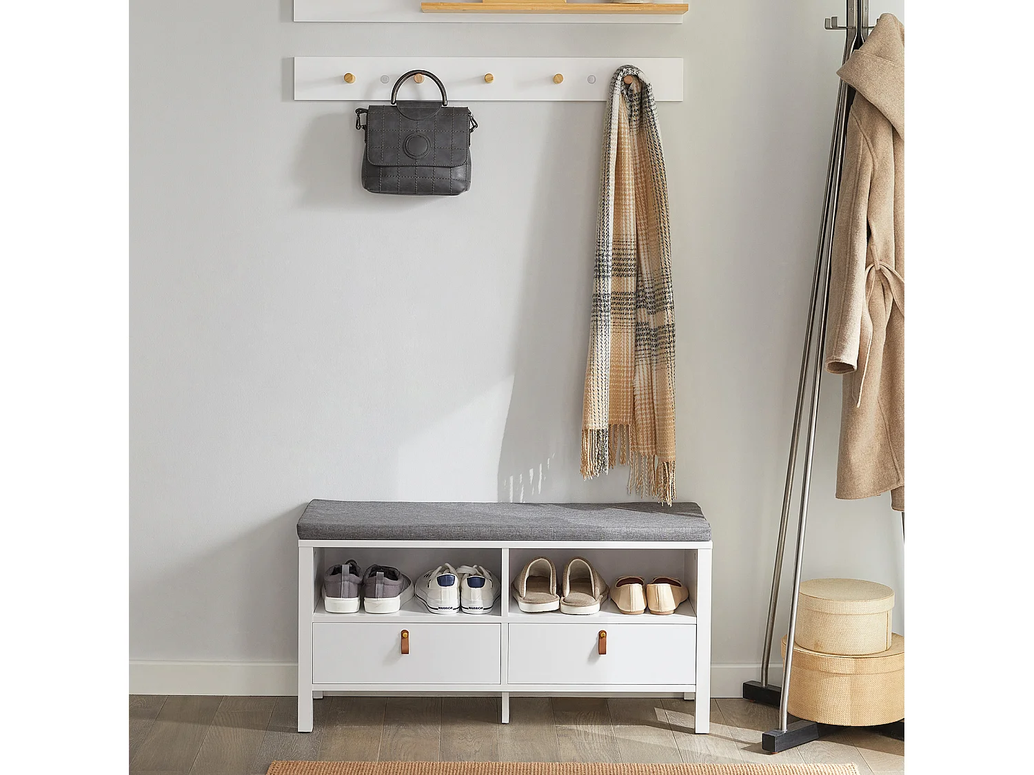 SoBuy FSR106-W Opbergbank met gewatteerd kussen Lage kast Ingang Schoenenkist Comfortabele bank