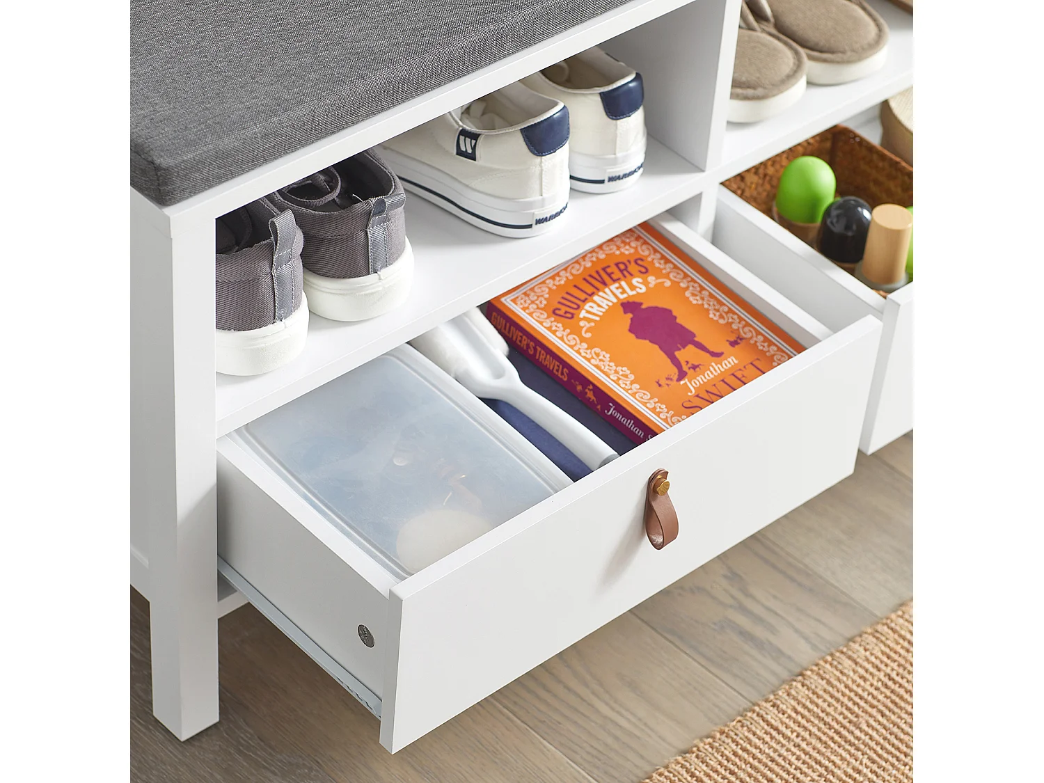 SoBuy FSR106-W Opbergbank met gewatteerd kussen Lage kast Ingang Schoenenkist Comfortabele bank