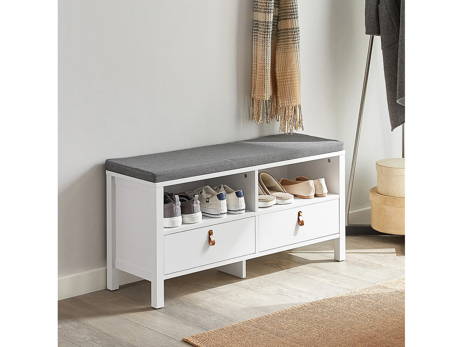 SoBuy FSR106-W Opbergbank met gewatteerd kussen Lage kast Ingang Schoenenkist Comfortabele bank