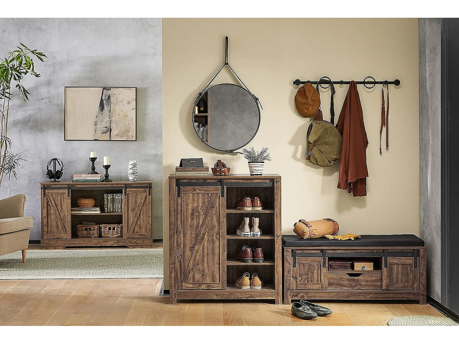 Meuble Bas Meuble Colonne Commode Avec Porte De Grange Coulissante Armoire À Chaussures, Fsb59-n
