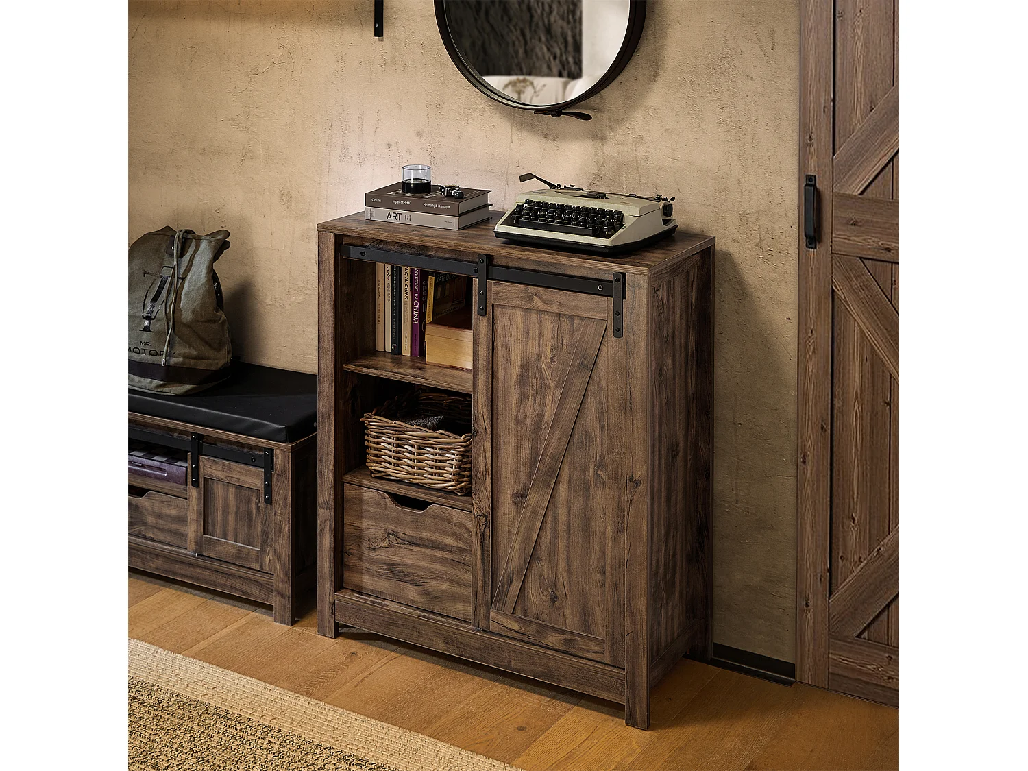 Meuble Bas Meuble Colonne Commode Avec Porte De Grange Coulissante Armoire À Chaussures, Fsb59-n